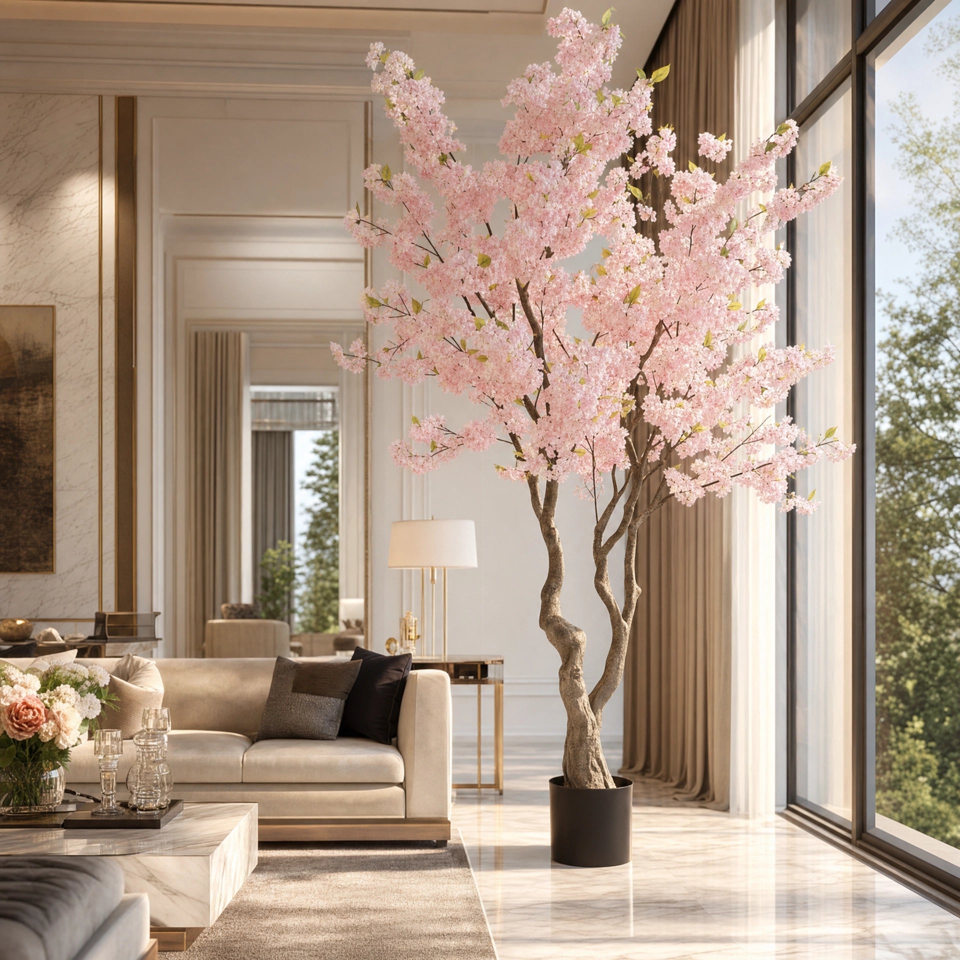 Plante artificielle arbre de cerisier en fleurs decoration rose et vert