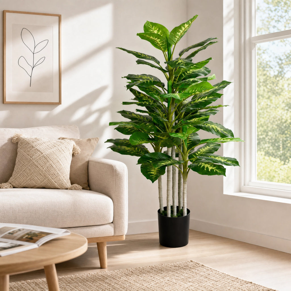 Plante artificielle arbre decoratif interieur avec pot feuillage panache vert et noir