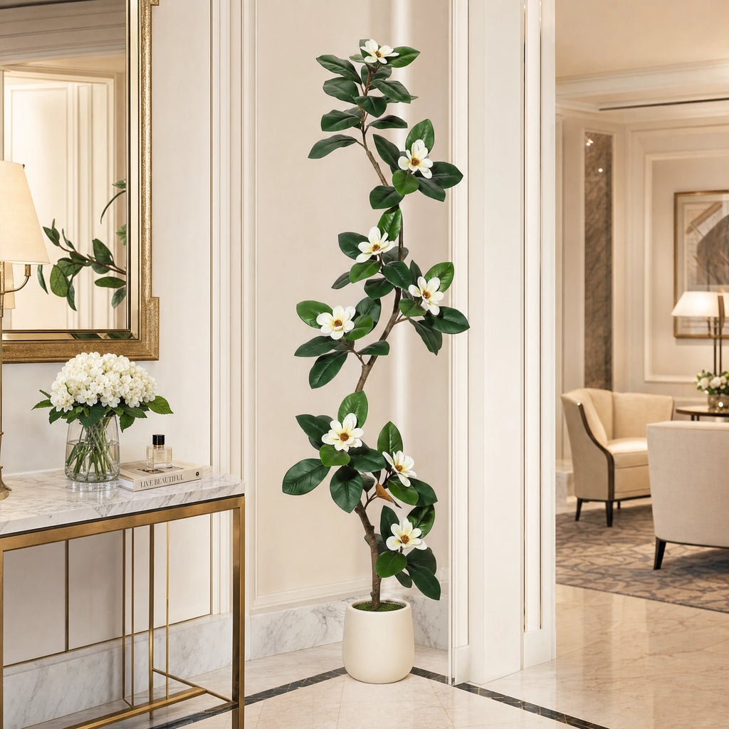 Plante artificielle arbre a caoutchouc artificiel fleurs magnolia floral vert et blanc