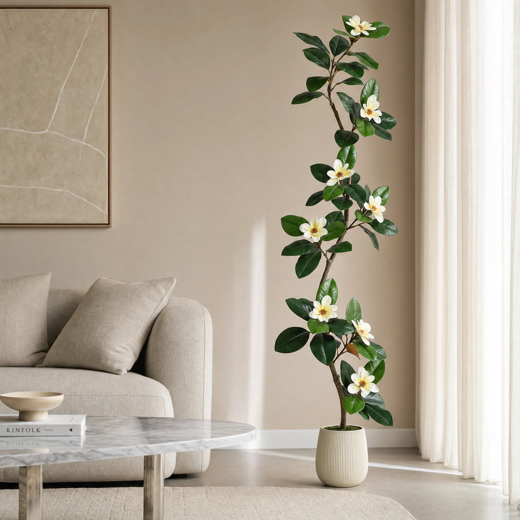 Plante artificielle arbre a caoutchouc artificiel fleurs magnolia floral vert et blanc
